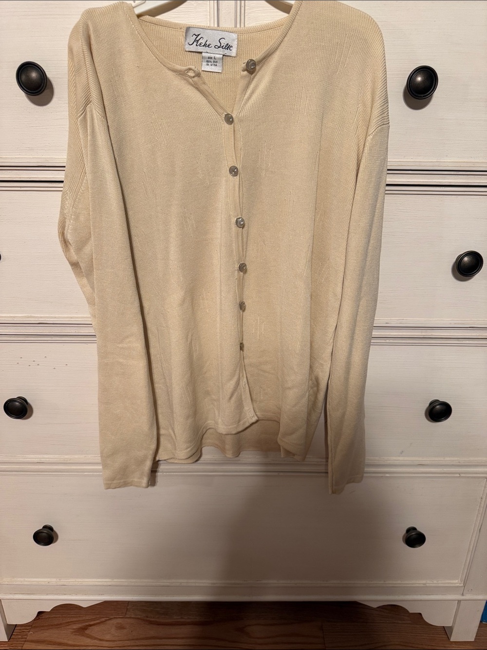 Preppy Light Beige Button-Front Cardigan Sweater 100 percent SILK